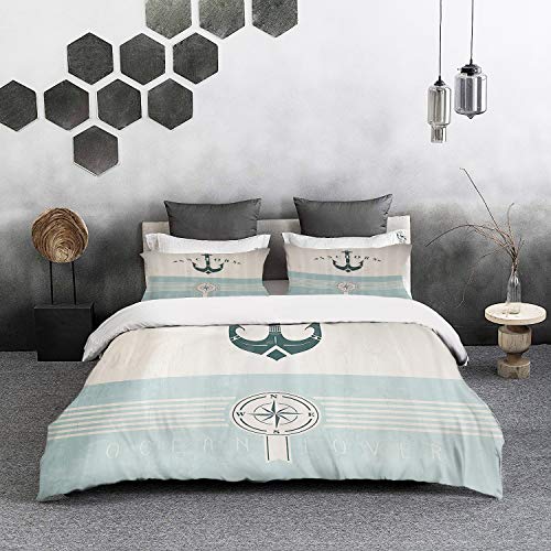 Yaoni Bedding Juego de Funda de Edredón - Océano, Ancla náutica, Marinero, mar, direcciones, Tema Antiguo, Cielo Azul Verde,/Microfibra Funda de Nórdico y Fundas de Almohada - (Cama 150 x 200cm)