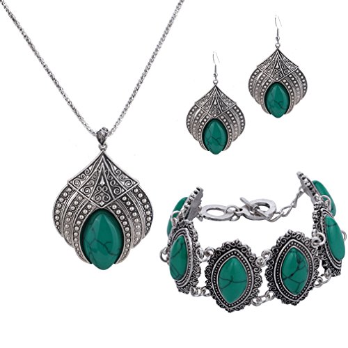 YAZILIND Diseño Especial de Sistemas de la joyería Pendientes de Gota Colgante de Collar de la Flor de la Turquesa de la Garra de Plata Verde Retro Plateado Pulsera con Encanto