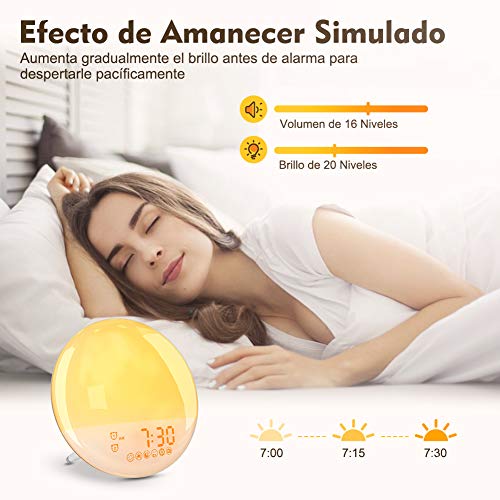 YISSVIC Wake Up Light Luces Despertador LED 20 Niveles de Brillo 16 Niveles de Ajuste de Volumen 8 Sonidos 7 Luces de Colores 2 Alarmas con Radio FM y Función Snooze