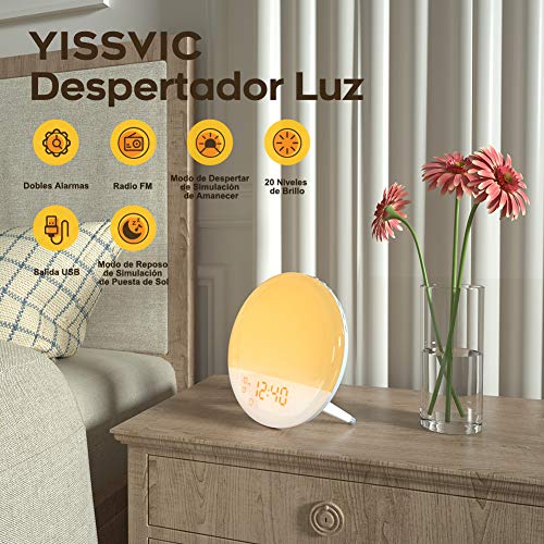 YISSVIC Wake Up Light Luces Despertador LED 20 Niveles de Brillo 16 Niveles de Ajuste de Volumen 8 Sonidos 7 Luces de Colores 2 Alarmas con Radio FM y Función Snooze