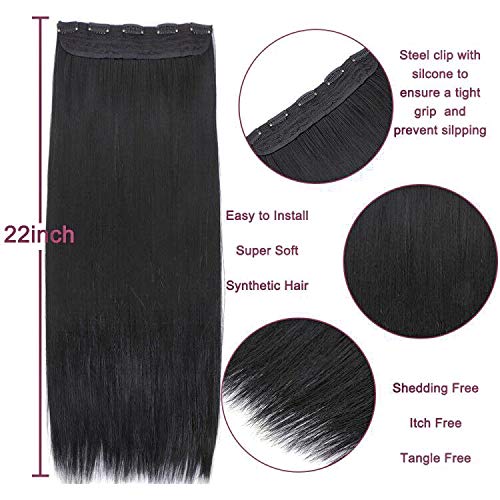 YMHPRIDE 2 paquetes de clip negro recto largo en extensiones de cabello 1 piezas 5 clips suaves y gruesos peluquines sintéticos de cabeza completa para mujeres (22 pulgadas, 140 g)