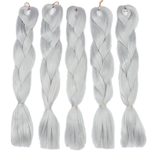 YMHPRIDE Extensión del pelo trenzado sintético Kanekalon gris plata 5 piezas / 500 g 24 pulgadas de pelo trenzado enorme