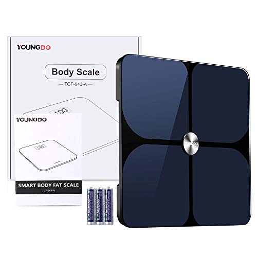 YOUNGDO Báscula Grasa Corporal 30*30, Báscula de Baño 999 Usuarios y 23 Medidas Corporales Esenciales, Recubrimiento ITO, Báscula Inteligente Bluetooth APP, máx180kg /396lbs /28st, Andriod e iOS