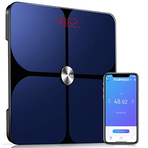 YOUNGDO Báscula Grasa Corporal 30*30, Báscula de Baño 999 Usuarios y 23 Medidas Corporales Esenciales, Recubrimiento ITO, Báscula Inteligente Bluetooth APP, máx180kg /396lbs /28st, Andriod e iOS