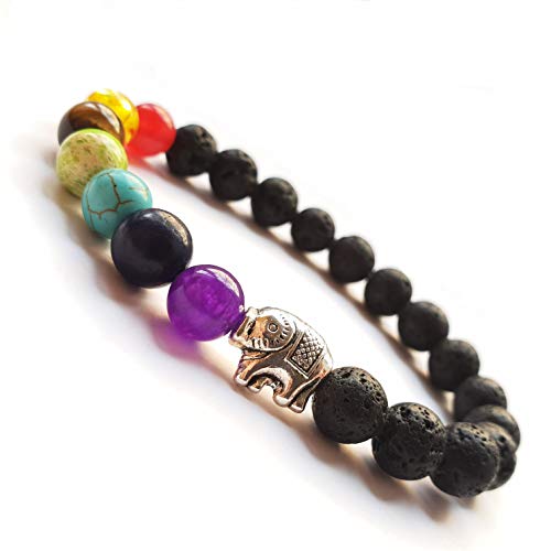 YouOne Pulsera de Mujer Elefante 7 Chakras Unisex Piedra Lava Natural Preciosa Original con Banda elástica Perfecto Regalo joyeria Madre y Padre, Reiki, Amuleto de curación y Yoga Budista Tantra