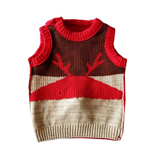 YuanDian Bebe Niños Niñas Navidad Tejido De Punto Chaleco Ciervo Sin Manga Suéter 100% Algodón Ropa de Punto Disfraces Navideña para Infantil 64-110cm Rojo 100