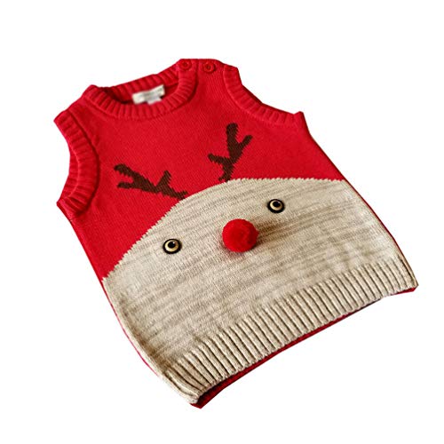 YuanDian Bebe Niños Niñas Navidad Tejido De Punto Chaleco Ciervo Sin Manga Suéter 100% Algodón Ropa de Punto Disfraces Navideña para Infantil 64-110cm Rojo 100