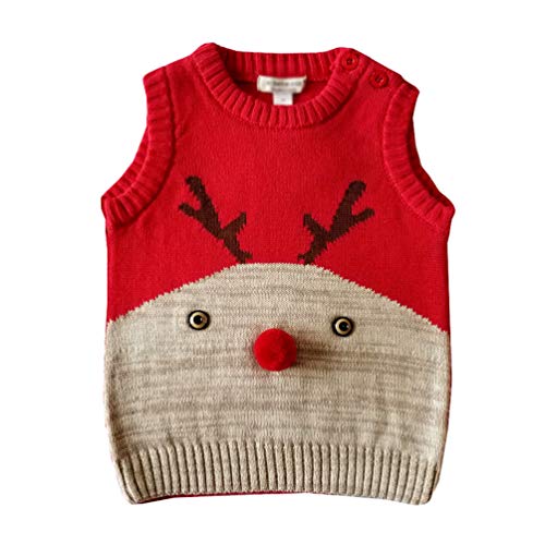 YuanDian Bebe Niños Niñas Navidad Tejido De Punto Chaleco Ciervo Sin Manga Suéter 100% Algodón Ropa de Punto Disfraces Navideña para Infantil 64-110cm Rojo 100