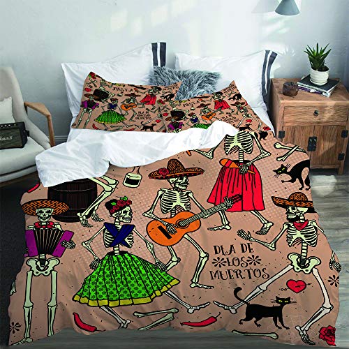 YUDILINSA Funda nórdica Funda de Almohada, edredón, Juego de Cama,Red Dead with Skeletons Dia De Los Muertos The Dance Day Party Tattoo Music,200 x 200 cm