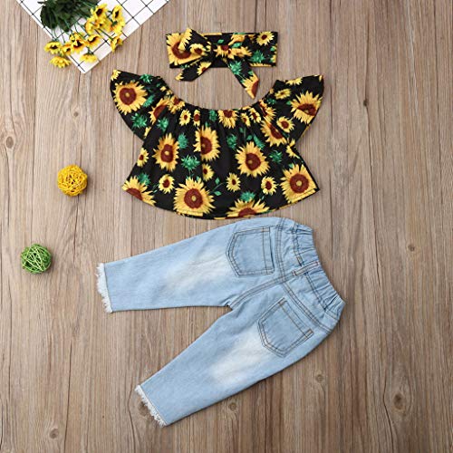 YWLINK Conjunto NiñA Manga Corta Estampado De Girasol Un Hombro Arriba Camiseta+Jeans De Moda+Juego De Correas para El Cabello+Banda De Pelo Traje De 3 Piezas Moda Linda(Amarillo,18-24 meses/100)