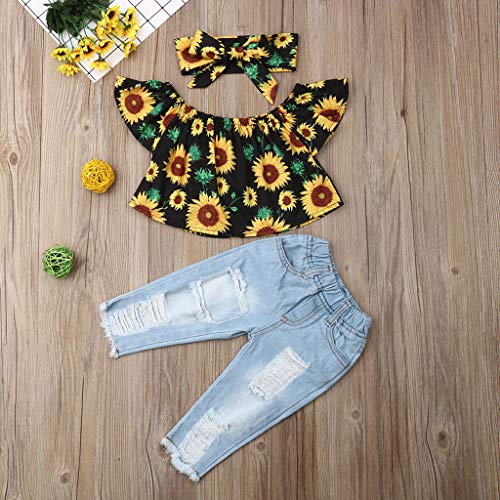 YWLINK Conjunto NiñA Manga Corta Estampado De Girasol Un Hombro Arriba Camiseta+Jeans De Moda+Juego De Correas para El Cabello+Banda De Pelo Traje De 3 Piezas Moda Linda(Amarillo,18-24 meses/100)