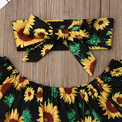 YWLINK Conjunto NiñA Manga Corta Estampado De Girasol Un Hombro Arriba Camiseta+Jeans De Moda+Juego De Correas para El Cabello+Banda De Pelo Traje De 3 Piezas Moda Linda(Amarillo,18-24 meses/100)