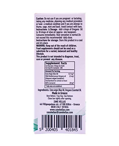 Zane Hellas 15% Aceite de Orégano. Aceite Esencial de orégano Griego Puro.86% Min Carvacrol. 20mg de Carvacrol por porción. Probablemente el Mejor Aceite de orégano del Mundo. 1fl.oz - 30 ml