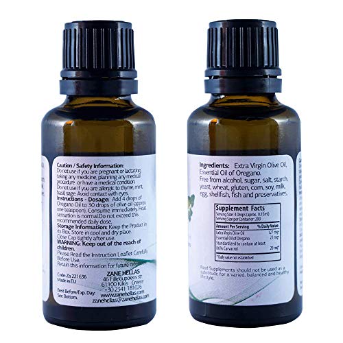 Zane Hellas 15% Aceite de Orégano. Aceite Esencial de orégano Griego Puro.86% Min Carvacrol. 20mg de Carvacrol por porción. Probablemente el Mejor Aceite de orégano del Mundo. 1fl.oz - 30 ml