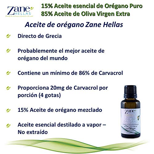 Zane Hellas 15% Aceite de Orégano. Aceite Esencial de orégano Griego Puro.86% Min Carvacrol. 20mg de Carvacrol por porción. Probablemente el Mejor Aceite de orégano del Mundo. 1fl.oz - 30 ml