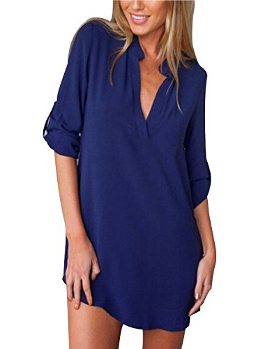 ZANZEA Camisas Mujer Sexy Casual Gasa Camisa Suelta Cuello V Manga Larga Blusa Tops Tallas Grandes Elegante Invierno Camiseta 01-Azul Oscuro 40