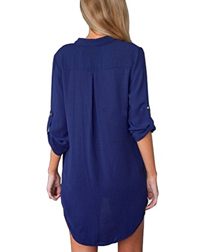 ZANZEA Camisas Mujer Sexy Casual Gasa Camisa Suelta Cuello V Manga Larga Blusa Tops Tallas Grandes Elegante Invierno Camiseta 01-Azul Oscuro 40