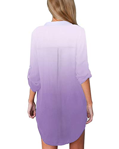 ZANZEA Camisas Mujer Sexy Casual Gasa Camisa Suelta Cuello V Manga Larga Blusa Tops Tallas Grandes Elegante Invierno Camiseta 03-03-Degradado Púrpura 48