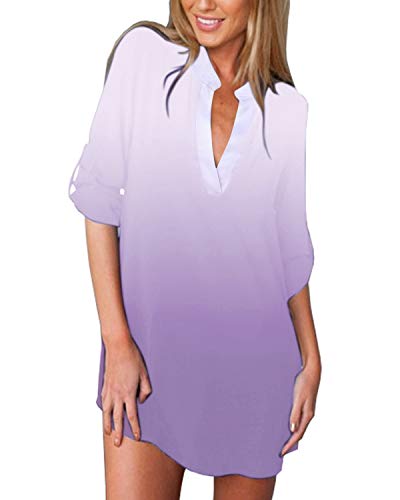 ZANZEA Camisas Mujer Sexy Casual Gasa Camisa Suelta Cuello V Manga Larga Blusa Tops Tallas Grandes Elegante Invierno Camiseta 03-03-Degradado Púrpura 48