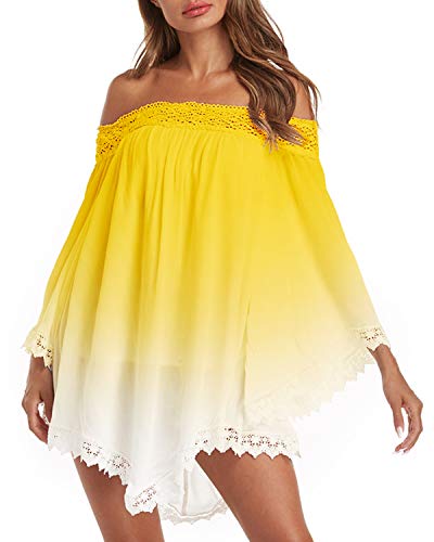 ZANZEA Vestidos Mujer Verano Corto Tallas Grandes Vestidos Fiesta Sexy Encaje Sin Hombros Vestido Playa Mangas Largas 02-Amarillo L