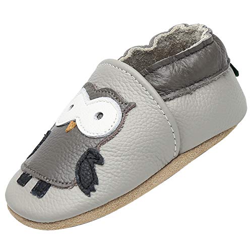 Zapatillas de Cuero Bebe Niño Niña Blandos Flexibles Zapatos para Gatear Infantil Antideslizante Zapatitos Primeros Pasos Comodas Ligeros Pantuflas Bebé, Búho Gris 12-18 Meses