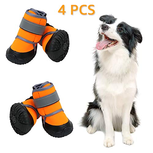 Zeraty Zapatos para Perros Botas para Mascotas Zapatillas para Perros medianos más Grandes con Correas Reflectante Ajustable Suela Antideslizante Resistente Naranja 4PCS