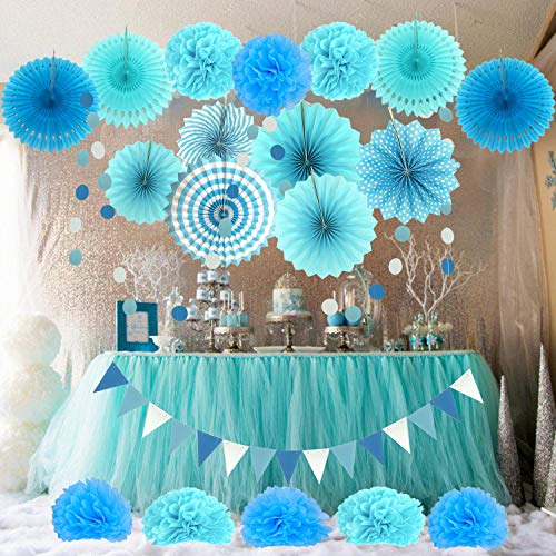 Zerodeco Decoración de la Fiesta, 21 Piezas Abanicos de Papel Bola de Nido Pom Poms Ventilador Cumpleaños Boda Carnaval Bebé Ducha Home Party Supplies Decoración (Azul)