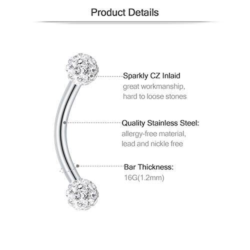 Zolure 16G Cartilago Oreja Aros Piercing Nariz Anillo Piercing Piercing Ceja Anillo Curvados Barbell Piercing Oreja Rook Helix Tragus Piercing Acero Inoxidable Piercing de Cuerpo Plata