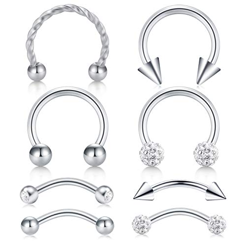 Zolure 16G Cartilago Oreja Aros Piercing Nariz Anillo Piercing Piercing Ceja Anillo Curvados Barbell Piercing Oreja Rook Helix Tragus Piercing Acero Inoxidable Piercing de Cuerpo Plata