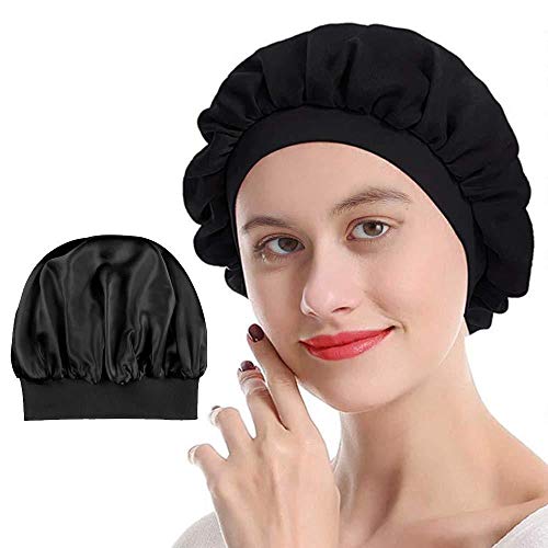 100 gorra de seda de morera real de 19 momme para mujer durmiendo, sin trazo, media elástica, plana, para cabello rizado y lacio Negro elástico.