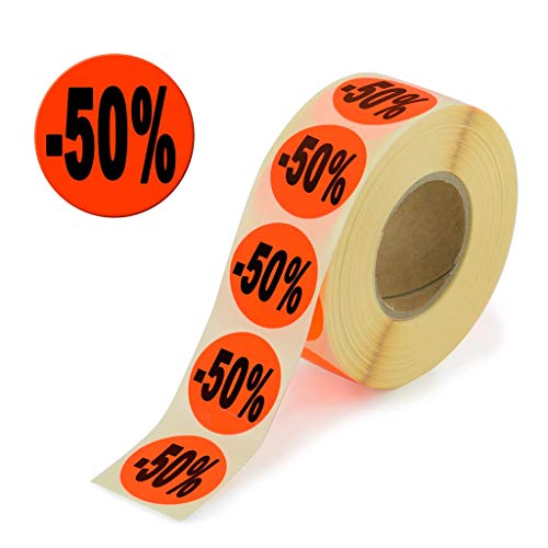 2000 etiquetas de acción – 50 % redondas rojo brillante en rollo de 32 mm – Precio especial, pegatinas reducidas, autoadhesivas, etiquetas de precios permanentes [H-50]