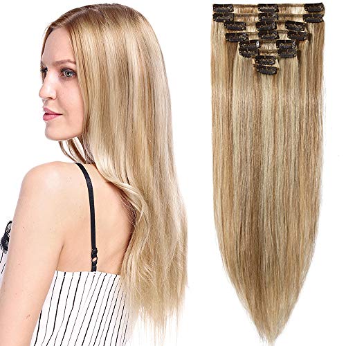 22"(55cm) Extensiones de Clip de Pelo Natural [#12/613 Castaño Dorado/Blanqueador Rubio] 100% Remy Cabello Humano 8 Piezas 18 Clips Liso (75g)