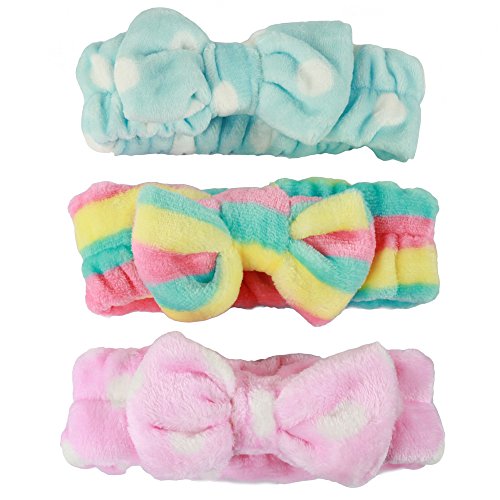 3 Pieces Women/Girl Adorable Fashion/Soft Cut Carol Plush Bun Makeup Cosmetic Shower Band Elastic Hair Band 3 Colors Available (rosa, azul y arco iris)