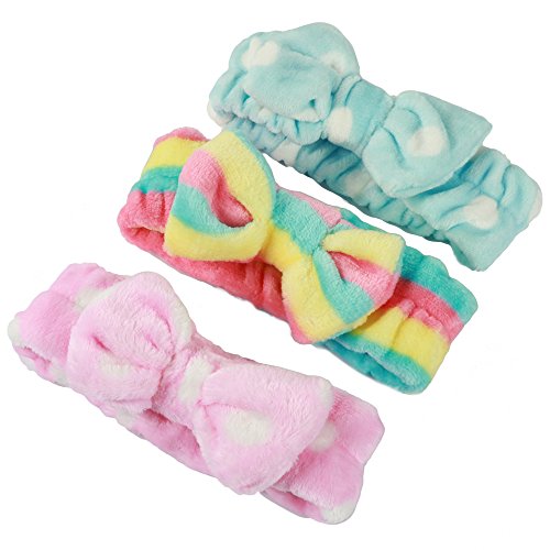 3 Pieces Women/Girl Adorable Fashion/Soft Cut Carol Plush Bun Makeup Cosmetic Shower Band Elastic Hair Band 3 Colors Available (rosa, azul y arco iris)