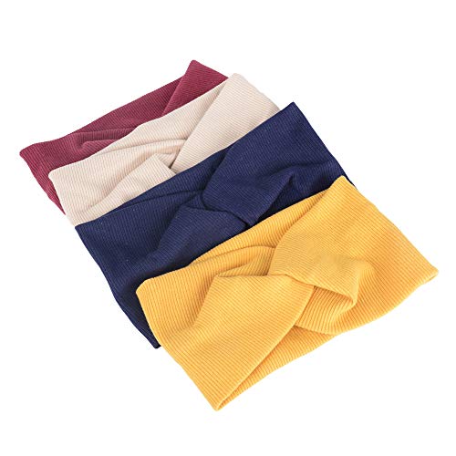 4pcs Banda de Pelo Mujer Venda de Pelo Elástica Turbantes Mujer 4 Colores Variados Cinta para Pelo de Cabeza de Algodón Diademas de Mujer de Nudo (4pcs, Rojo+amarillo+beige+azul marino)