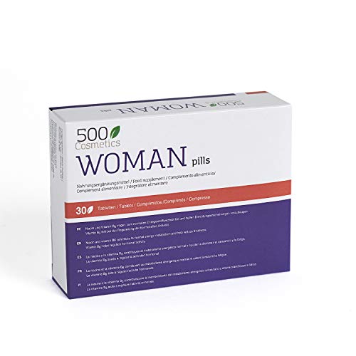 500Cosmetics Woman–Tabletas Naturales Para Aliviar los Síntomas de la Menopausia, Regulación Hormonal y Aumento de la Líbido-Ingredientes Naturales-1 toma diaria-Fabricado y Registrado en la UE (1)