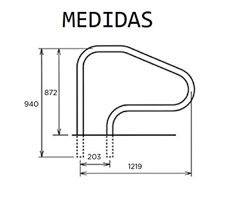 87468013.Pasamanos baranda de bajada para piscina FX L.1219mm A.Inox AISI 316L Dos puntos de apoyo un escalón con tramo recto de 203 mm + tramo inclinado pletinas + tornillos + tacos + embellecedores