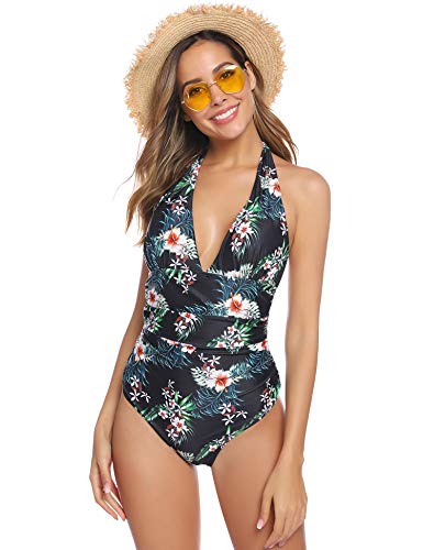 Abollria 2020 Traje de Baño de Una Pieza para Mujer con Push-Up Ropa de Baño sin Hombros Floral Monokinis Halter Bañador Escotado Sexy para Verano