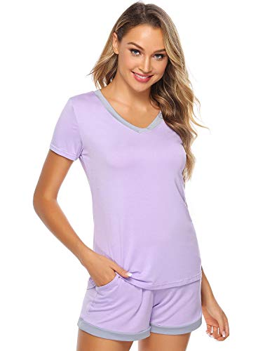 Abollria Pijamas Mujer Verano Corto del Pijamas Pantalones Manga Corto 2 Piezas de Ropa de Dormir Algodón Suave Loungewear (XXL, Violeta Claro)