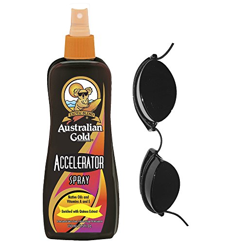 Acelerador de bronceado de Australian Gold, en aerosol, bronceado oscuro, incluye gafas para cama solar