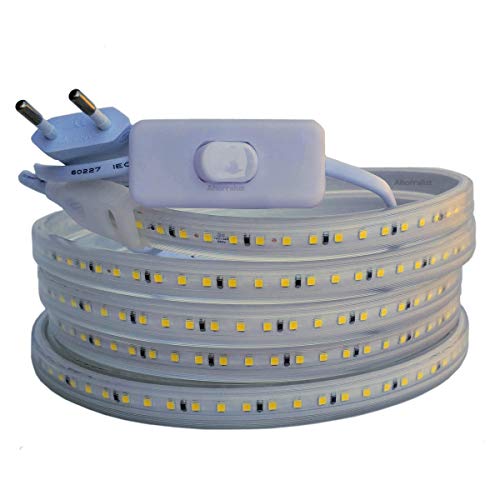 Ahorraluz Tira 220v 2835 120 Led/m Alta LUMINOSIDAD, con Interruptor. Impermeable Frío Cálido Waterproof IP67 Strip (Blanco Neutro, 1M), 11 W