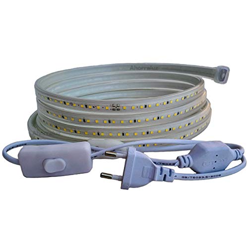 Ahorraluz Tira 220v 2835 120 Led/m Alta LUMINOSIDAD, con Interruptor. Impermeable Frío Cálido Waterproof IP67 Strip (Blanco Neutro, 1M), 11 W