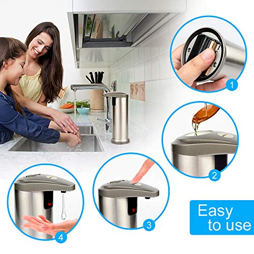 AHUIFT Dispensador Automático de Jabón con Acero Inoxidable, Sensor de Movimiento por Infrarrojos, Base Impermeable, Interruptor Ajustable, Baño Apropiado, Cocinas, Hotel, Restaurante