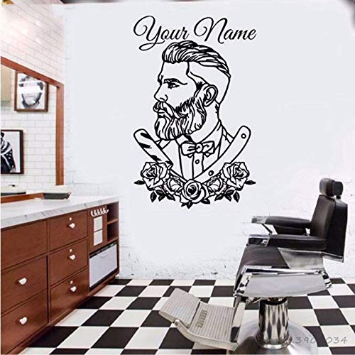 Ajcwhml Calcomanía de Vinilo para Pared de peluquería, Tatuaje Hipster, Pegatina de Pared con Nombre Personalizado para Hombre, calcomanías para Sala de Estar, póster extraíble de peluquer 38x57cm