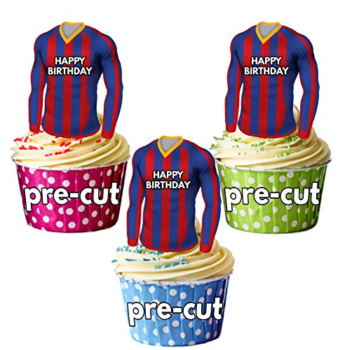 AK Giftshop - Comestibles de camisetas de fútbol para cupcakes o tartas de cumpleaños, diseño de rayas azules y rojas (12 unidades)