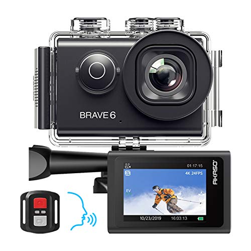 AKASO Cámara Deportiva 4K WiFi 20MP 6X Zoom Control de Voz Cámara de Acción EIS Cámara Sumergible Acuática 30M Videocámara con Control remoto 2 Baterías Kit de Accesorios (Brave 6)