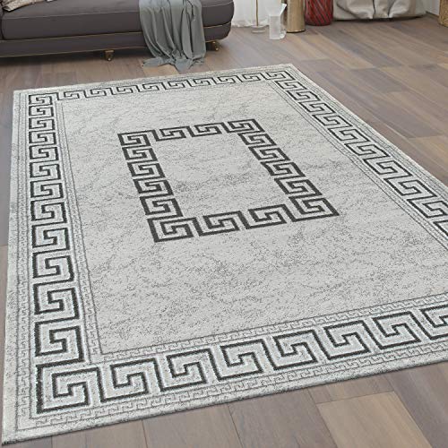 Alfombra Salón Pelo Corto Moderna Diseño Meandro Ribetes Gris Negro, tamaño:80x150 cm