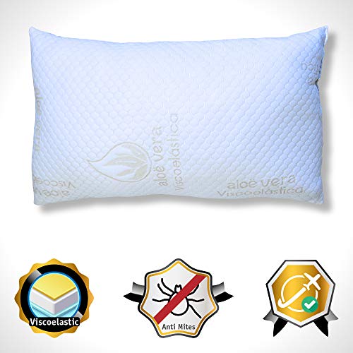 Almohada Viscoelástica | Almohada viscoelástica de 90 | Almohada viscoelástica con Tratamiento de Aloe Vera. Copos de Fibra Hueca, Antiácaros, Indeformable, Transpirable y Firmeza Media