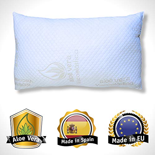 Almohada Viscoelástica | Almohada viscoelástica de 90 | Almohada viscoelástica con Tratamiento de Aloe Vera. Copos de Fibra Hueca, Antiácaros, Indeformable, Transpirable y Firmeza Media