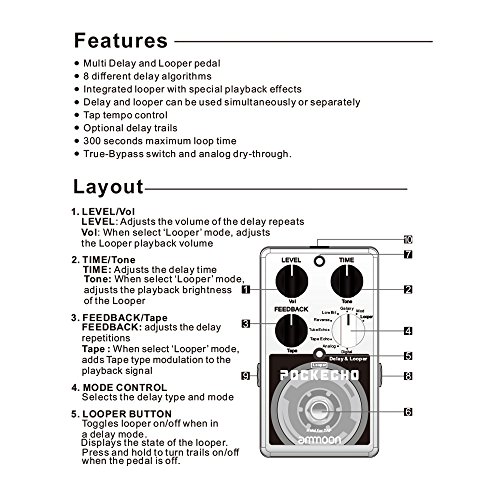 ammoon POCKECHO Demora y Looper Pedal de Efectos de Guitarra 8 Efectos de Retardo Max. 300s Loop Time Tap Tempo Function True Bypass (POCKECHO)